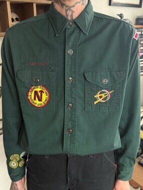 Vintage 50s Boy Scouts of America Explorer Green Button Down Shirt ~ Size Large